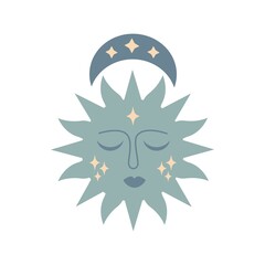 Modern magic boho sun with moon, stars, face in silhouette  isolated on white background. Vector flat illustration. Decorative boho celestial element for tattoo, greeting cards, invitations, wedding