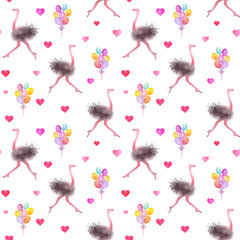 Ostrich, balloons pattern. Illustration for printing, backgrounds, wallpapers, covers, packaging, greeting cards, posters, stickers, textile and seasonal design. Isolated on white background.