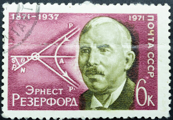 Postage stamp 'Portrait of Ernest Rutherford'. Series: '100th anniversary of the birth of Ernest...