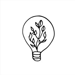 Fototapeta na wymiar Vector hand drawn light bulb with green leaf