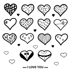 Set of hearts, i love you, vector. Illustration for printing, backgrounds, wallpapers, covers, packaging, greeting cards, posters, stickers, textile and seasonal design. Isolated on white background.