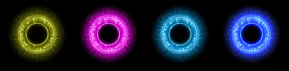 Set of color hologram portal. Magic fantasy portal. Magic circle with halo effect. Vector color glow scifi teleport with sparks and hologram, technology background.
