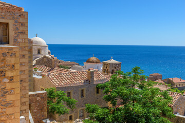 View of the medieval  castle of Monemvasia, Lakonia, Peloponnese, Greece