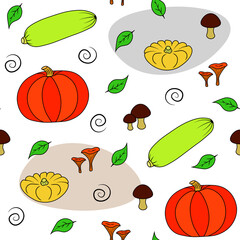 pumpkin, vegetable marrow, mushrooms, autumn vector pattern. Illustration for printing, backgrounds, wallpapers, covers, packaging, greeting cards, posters, stickers, textile and seasonal design.