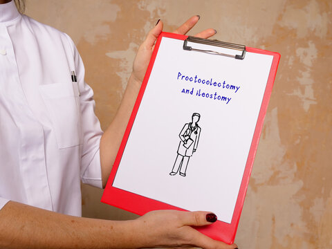 Medical concept about Proctocolectomy and ileostomy with inscription on the piece of paper.