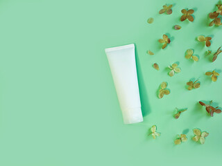 Beauty spa medical skincare and cosmetic lotion bottle tube cream packaging product on green background with dried hydrangea flowers. Top view and copy space. Clean organic beauty concept, mockup.