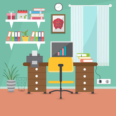 Worksplace in room. Office desk. Work at home. Vector illustration.