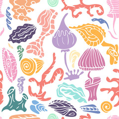 Seashells, corals, fantasy plants, seamless pattern, vector