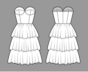 Strapless dress bustier technical fashion illustration with fitted body, 3 row knee length ruffle tiered skirt. Flat garment apparel front, back, white color style. Women, men, unisex CAD mockup