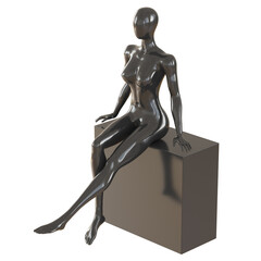 A black female faceless mannequin sits on a square seat on a white background. 3d rendering