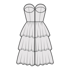 Zip-up bustier dress technical fashion illustration with strapless, fitted body, 3 row knee length ruffle tiered skirt. Flat apparel front, grey color style. Women, men unisex CAD mockup