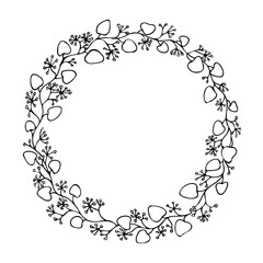 Black and white eucalyptus wreath, vector on a white background. Great for postcards, invitations