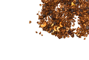Chocolate granola cereal with nuts in a wooden spoon.