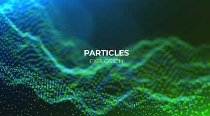 Dynamic green and blue dot landscape. Abstract digital wave background. Network data structure. Point grid visualization. Technology vector illustration.