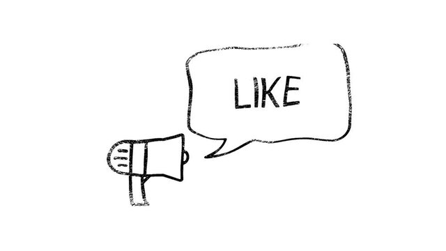 Like shere text animated megaphone with speech bubble title highlight slide closing in, chroma white screen shot.