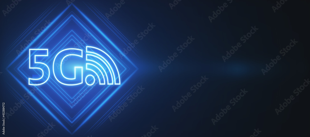 Aufkleber 5G fast connection concept with digital glowing 5G letters and antenna icon on abstract dark background with copyspace. 3D rendering, mockup