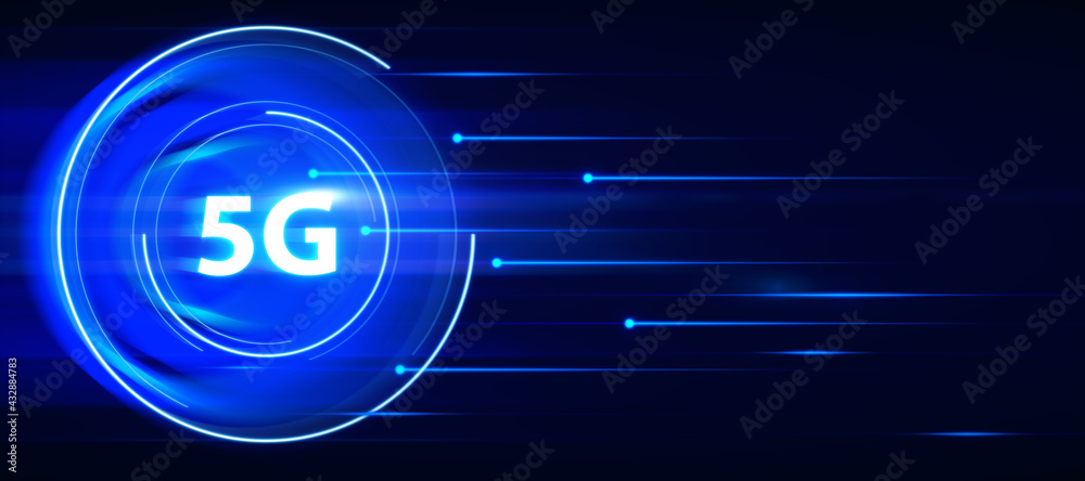 Poster 5G network internet mobile wireless concept with glowing digital 5g icon on dark backdrop with copyspace. 3D rendering, mock up