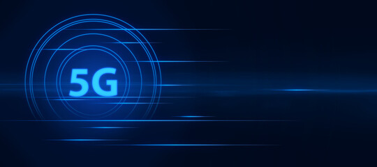 Obraz premium Augment reality concept with digital glowing 5G letters in circle on abstract blank dark background. 3D rendering, mock up