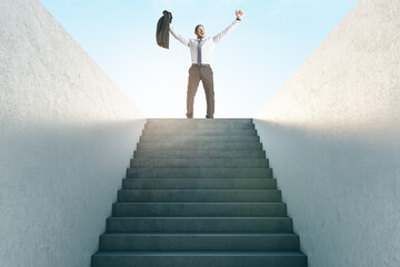 Fototapeta na wymiar Career success concept with happy businessman on top of stairway on sunny sky background.