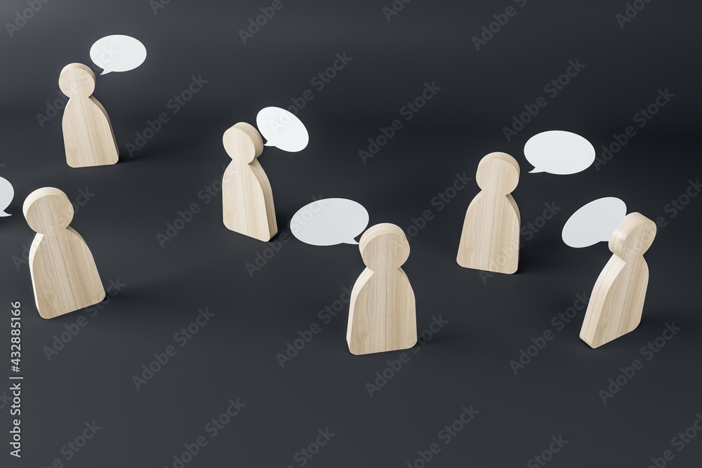 Aufkleber wooden figures with speech clouds on a dark background. social network and communication concept, 3d