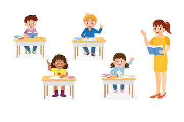 Set of back to school elements, kids as a student and teacher vector ilustration for education concept isolated on white background.