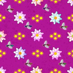 bee, honeycombs, flowers on a pink background pattern