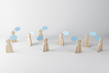 Multiple wooden figures with speech clouds on a light background. Social network and communication concept, 3d rendering