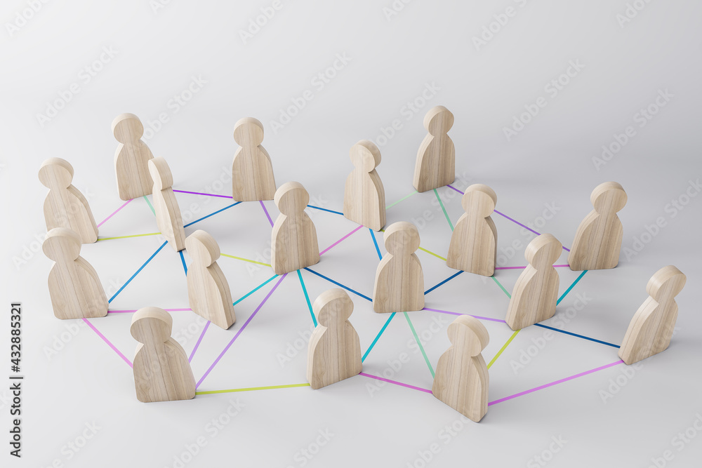 Poster social networking concept with small human wooden figures on light surface connected by colorful lin