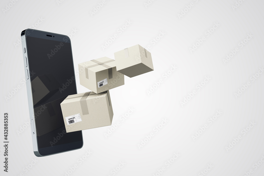 Poster Online shopping and delivery concept with cardboard boxes next to modern smartphone on white background with copyspace. 3D rendering, mockup