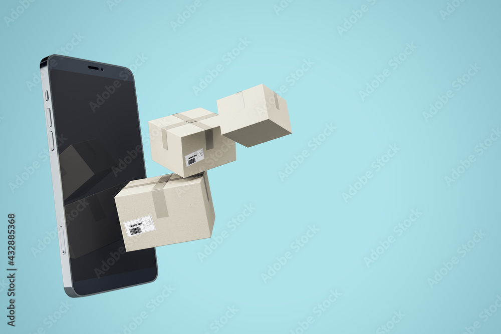 Poster express delivery and online purchase concept with light cardboard boxes near modern cell phone on bl