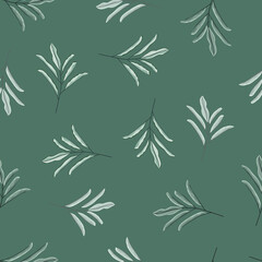 Decorative seamless pattern with floral doodle branches with leaves shapes. Pale green background.