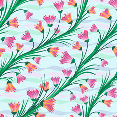 abstraction from flowers and geometric lines on a green background pattern