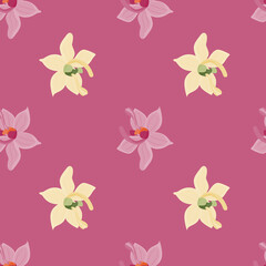 Tropic orchid flowers shapes seamless pattern in doodle style. Pink background. Bloom backdrop.