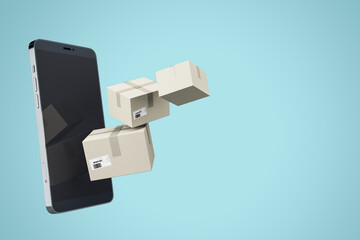 Express delivery and online purchase concept with light cardboard boxes near modern cell phone on blue background. 3D rendering, mock up