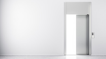 Blank light wall and open elevator doors in abstract hall. 3D rendering, mock up - obrazy, fototapety, plakaty