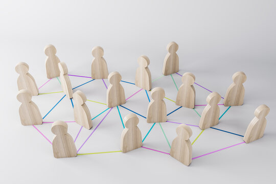 Social networking concept with small human wooden figures on light surface connected by colorful lines
