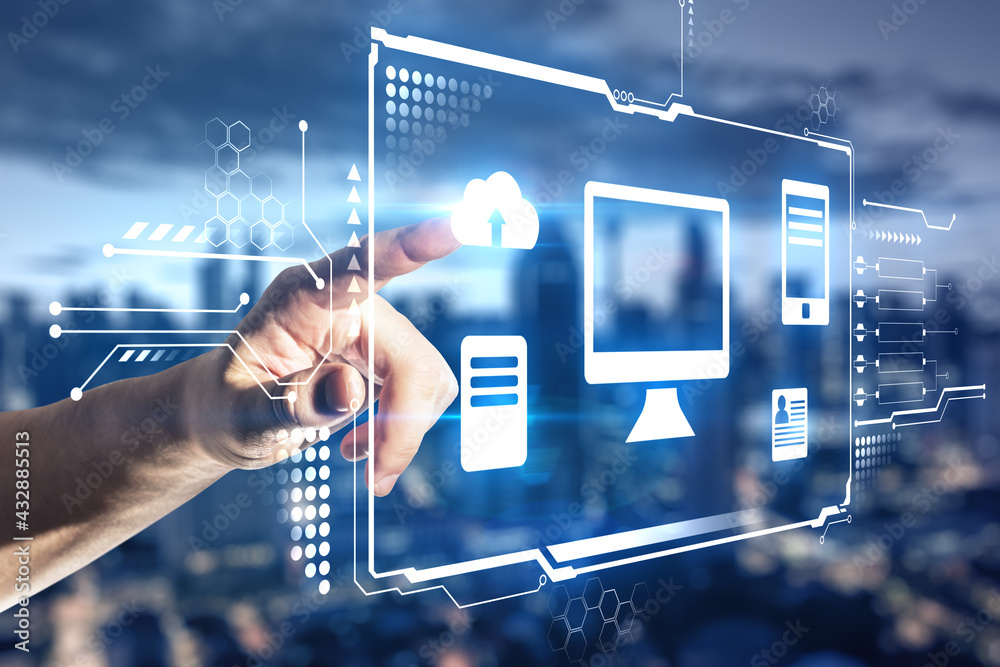 Poster Hand touching a hologram desktop with different icons in it and city view in the background. Big data and technology concept