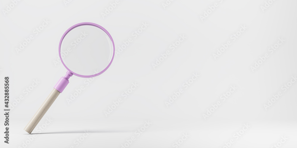 Poster search concept with pink magnifying glass on white background with copyspace for your logo. 3d rende