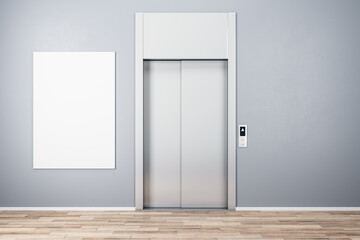 White poster with copyspace on grey wall near elevator in abstract hall with wooden floor. 3D...