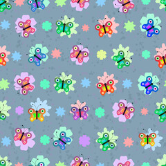 butterflies and flowers on grey background pattern