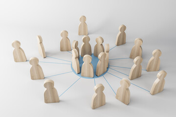 Friends union concept with light wooden human figures standing in a circle among others