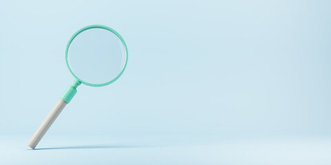 Global search concept with green magnifying glass on white blank background. 3D rendering, mock up