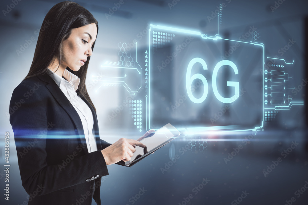 Poster fast connection network concept with businesswoman working on digital tablet on 6g digital symbol ba