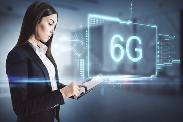 Fast connection network concept with businesswoman working on digital tablet on 6g digital symbol background.