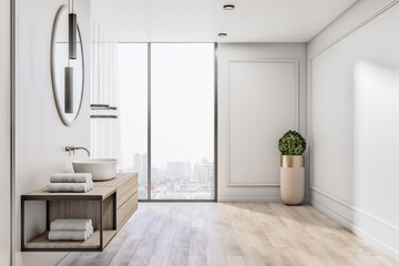 Sunny city view from big window in eco style bathroom with wooden floor and furniture, light walls and green plant in stylish vase