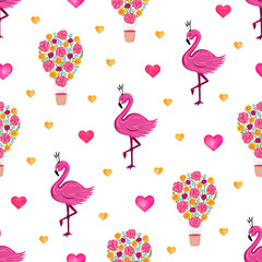 Flamingos and flowers pattern. Illustration for printing, backgrounds, wallpapers, covers, packaging, greeting cards, posters, stickers, textile and seasonal design. Isolated on white background.