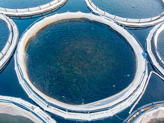 Salmon fish farm aquaculture blue water. Aerial top view