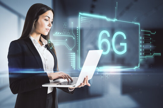 High speed mobile internet concept with augment reality 6g inscription and businesswoman working on laptop.