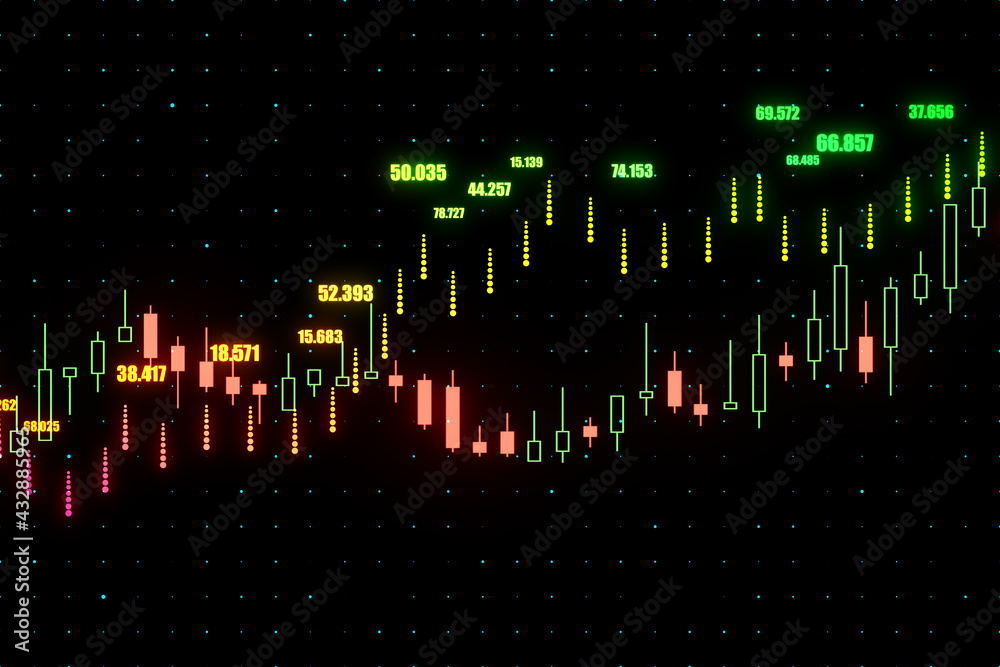 Poster Global investing concept with digital financial chart graphs and rising candlestick on abstract dark background.