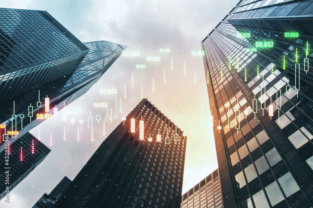 Aufkleber worldwide stock market concept with glowing financial chart graphs on business background with skysc